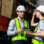 man railway technician engineer wearing safety uniform and safety helmet holding tablet