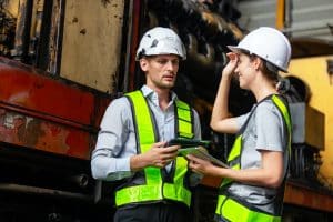 man railway technician engineer wearing safety uniform and safety helmet holding tablet